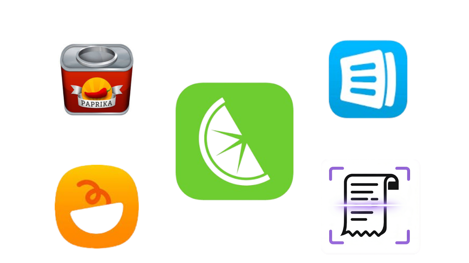 Logos of five popular meal planning apps: Mealime, AnyList, Edible, Paprika, and Samsung Food